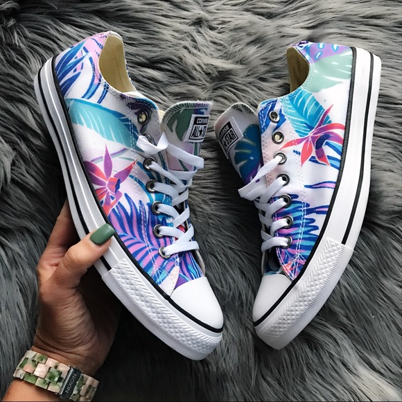 Converse Shoes - Converse low top sneakers white with pastel blue, purple, pink tropical print